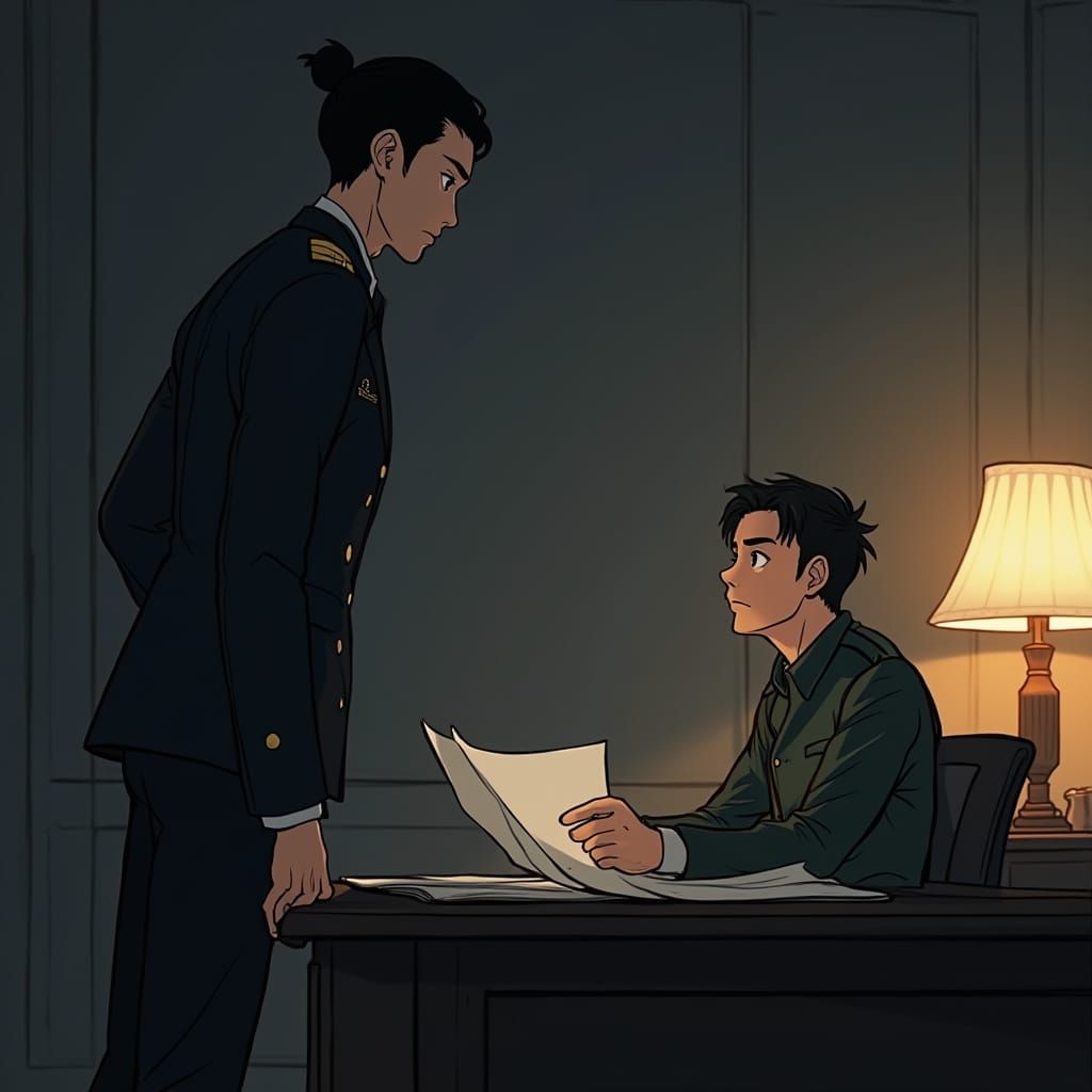 Tense Encounter in Military Office: Anime-Inspired Art