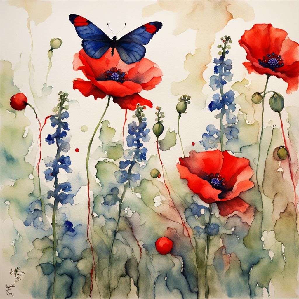 Entwined Poppy and Delphinium in Impressionist Ink Painting