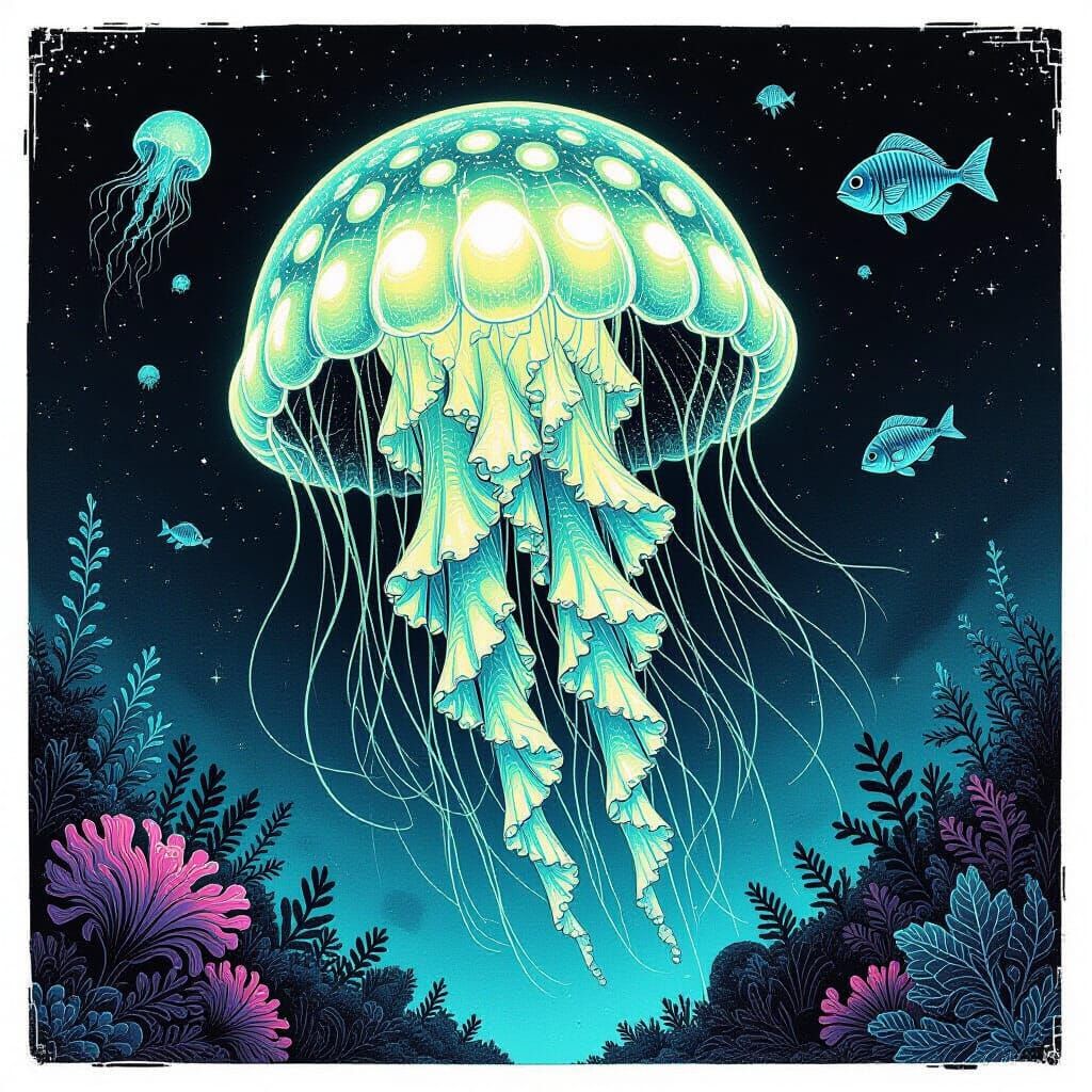 Bioluminescent Jellyfish Drifting Through Alien Ocean in Pen...