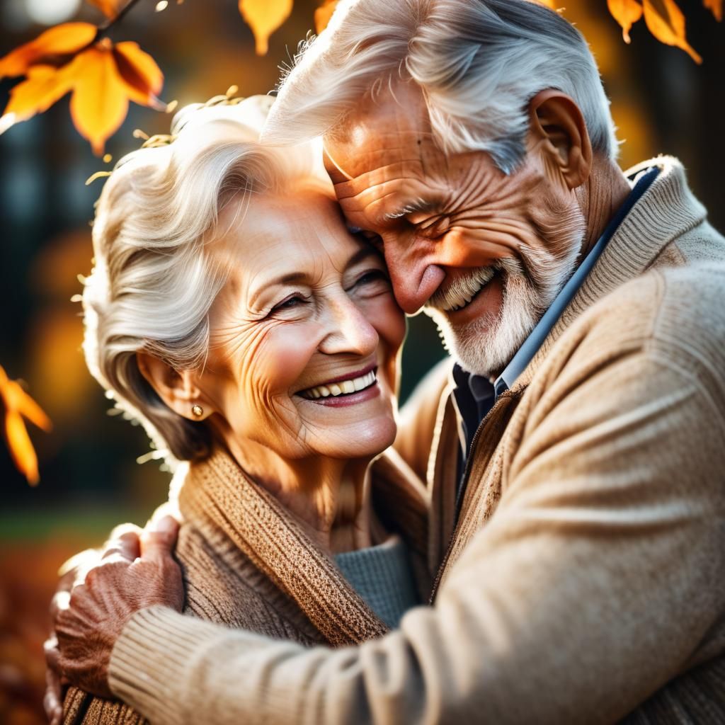 Joyful Old Couple Embracing in Autumn Sunlight