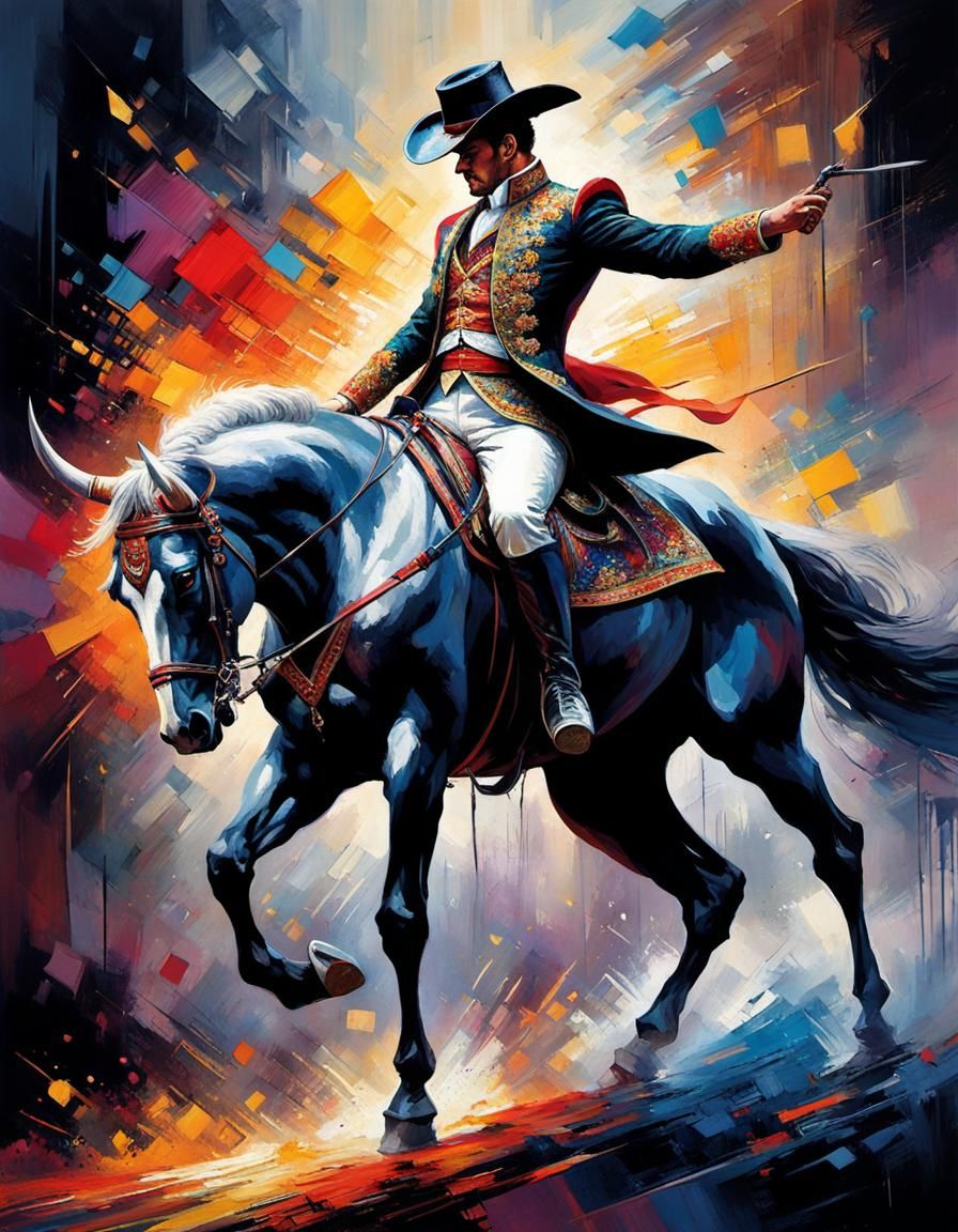 Horned Horse Matador in Impressionist Pointillism Style