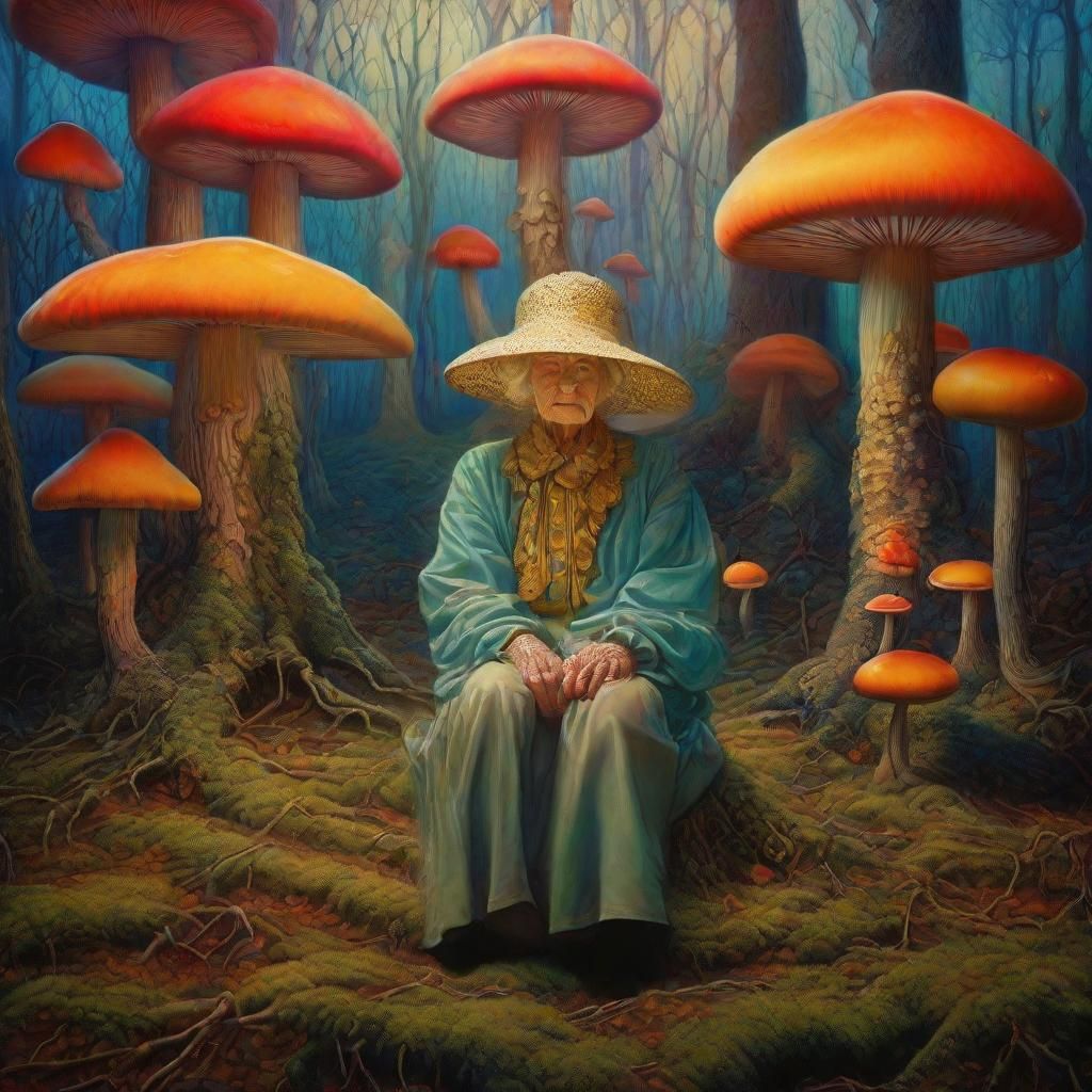 Psychedelic Grandmother in Mushroom Forest, Surreal Oil Pain...