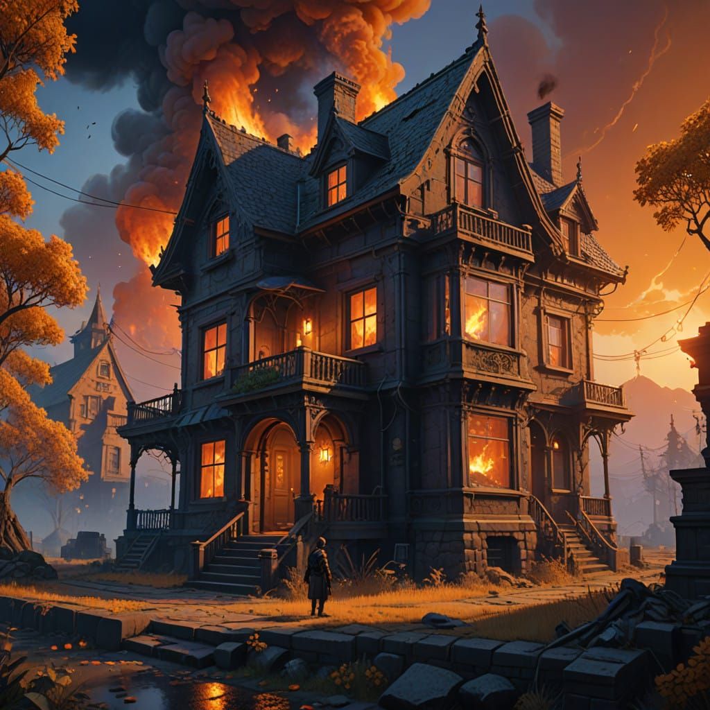 Ancient House Engulfed in Flames, Fantasy World, Evening Set...