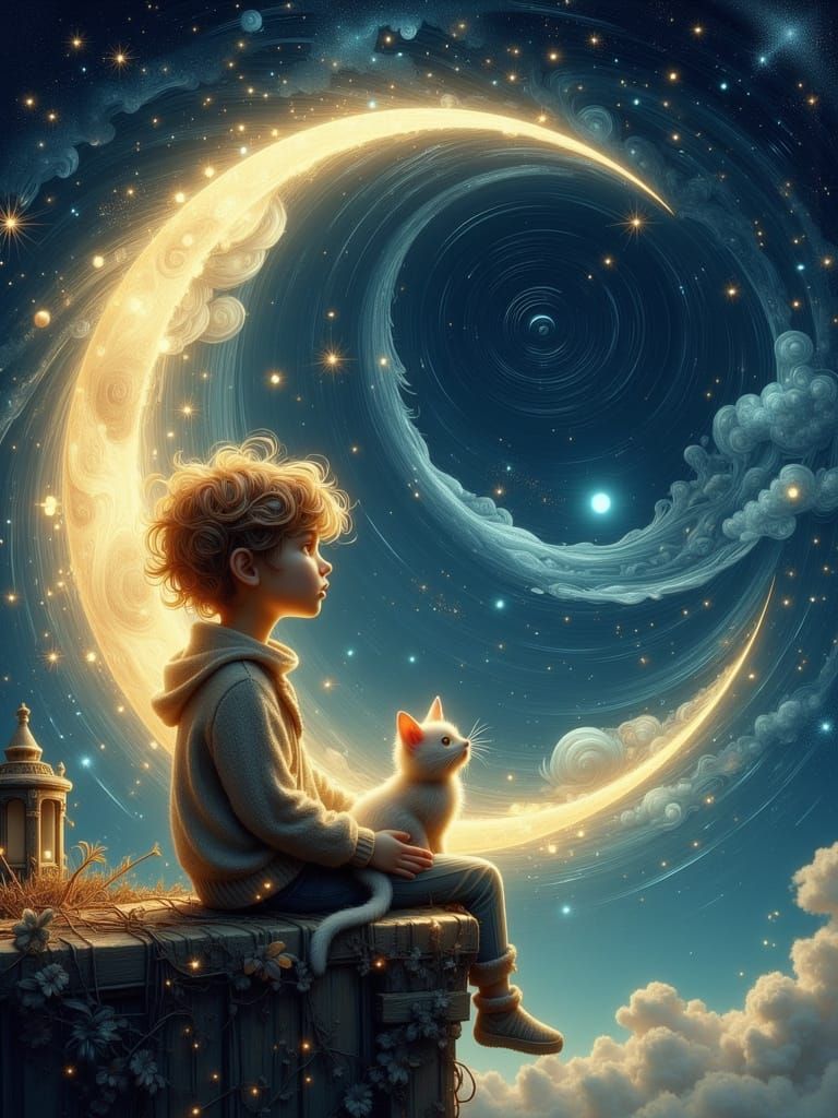 Child and Cat Gazing at Moon in Art Nouveau Punk Style