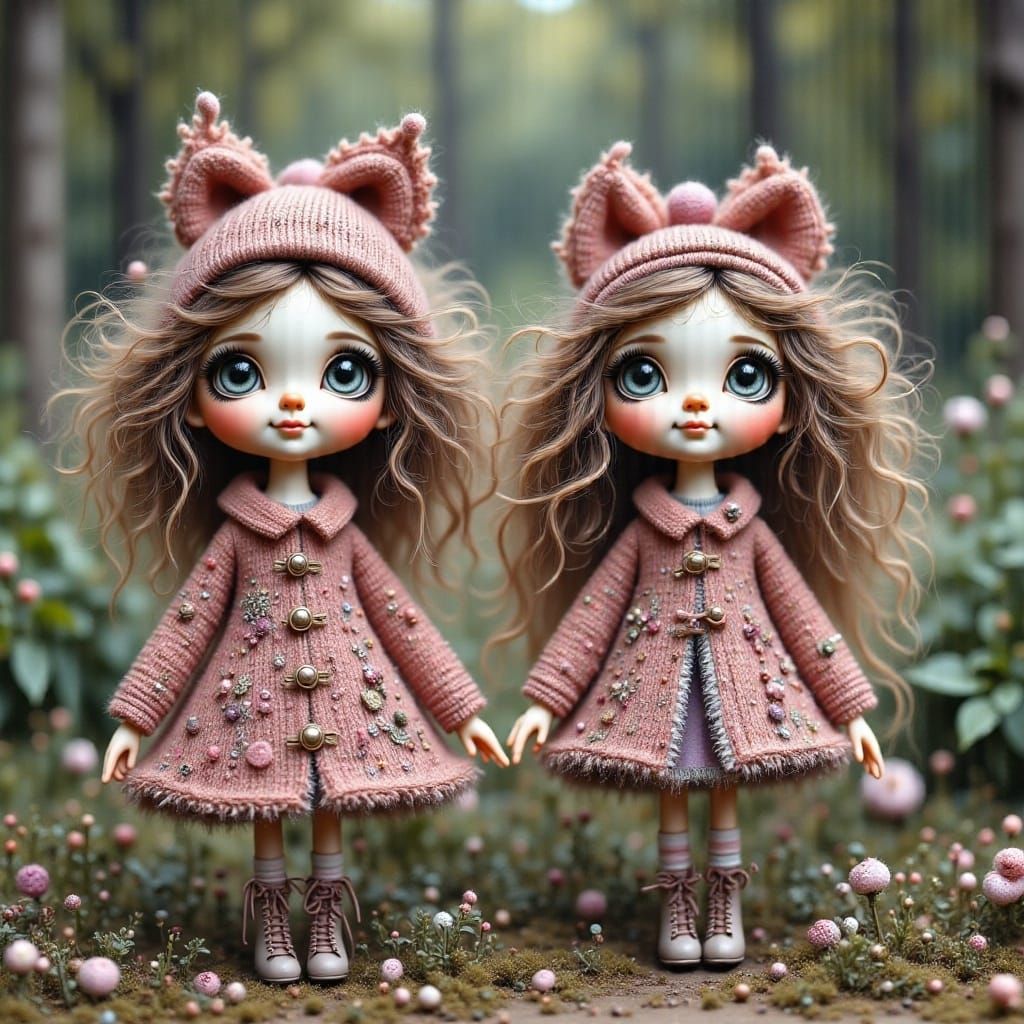 Whimsical Cat Dolls in Folk-Art Winter Garden