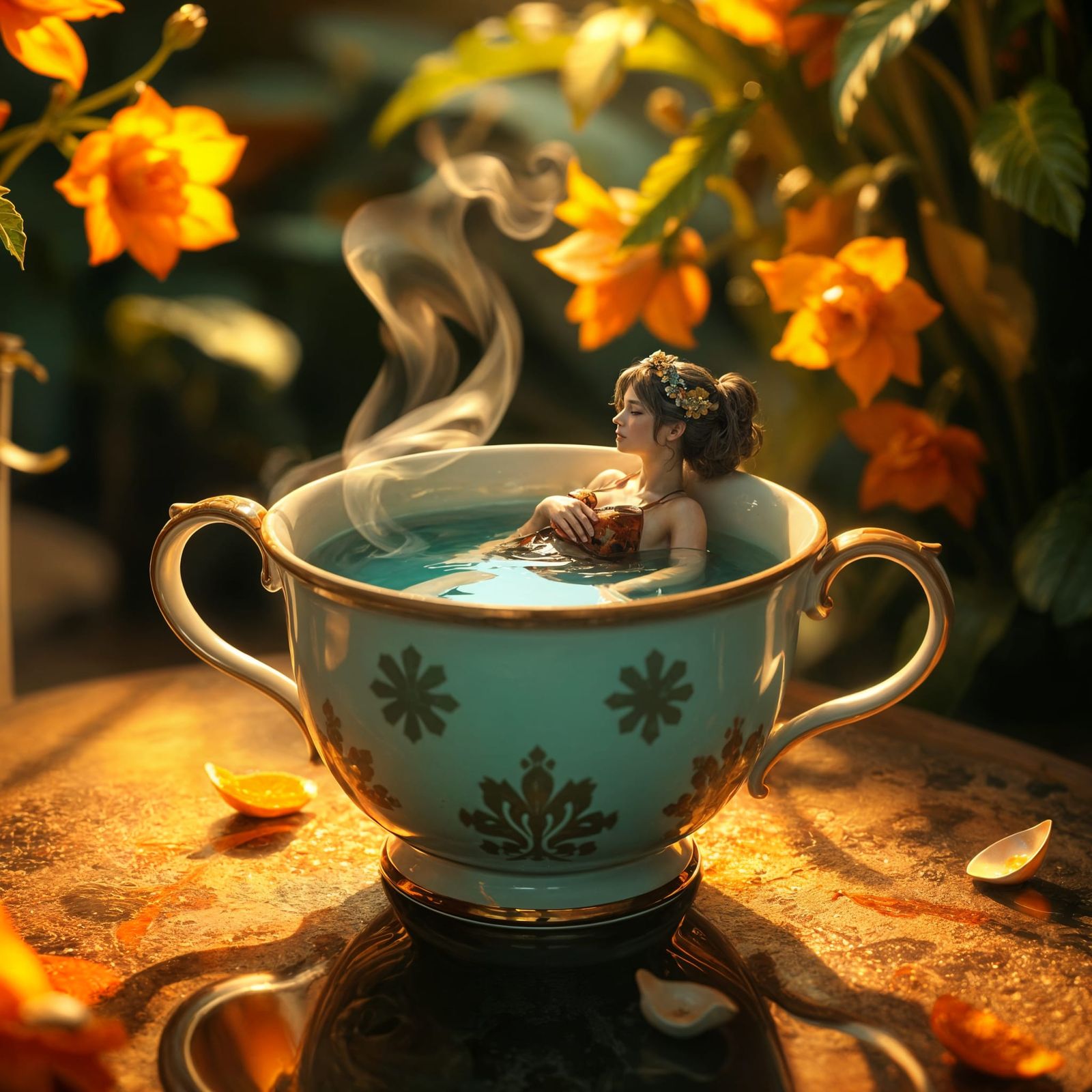 Enchanting Tea Cup Bath Scene in Vibrant Triadic Colors