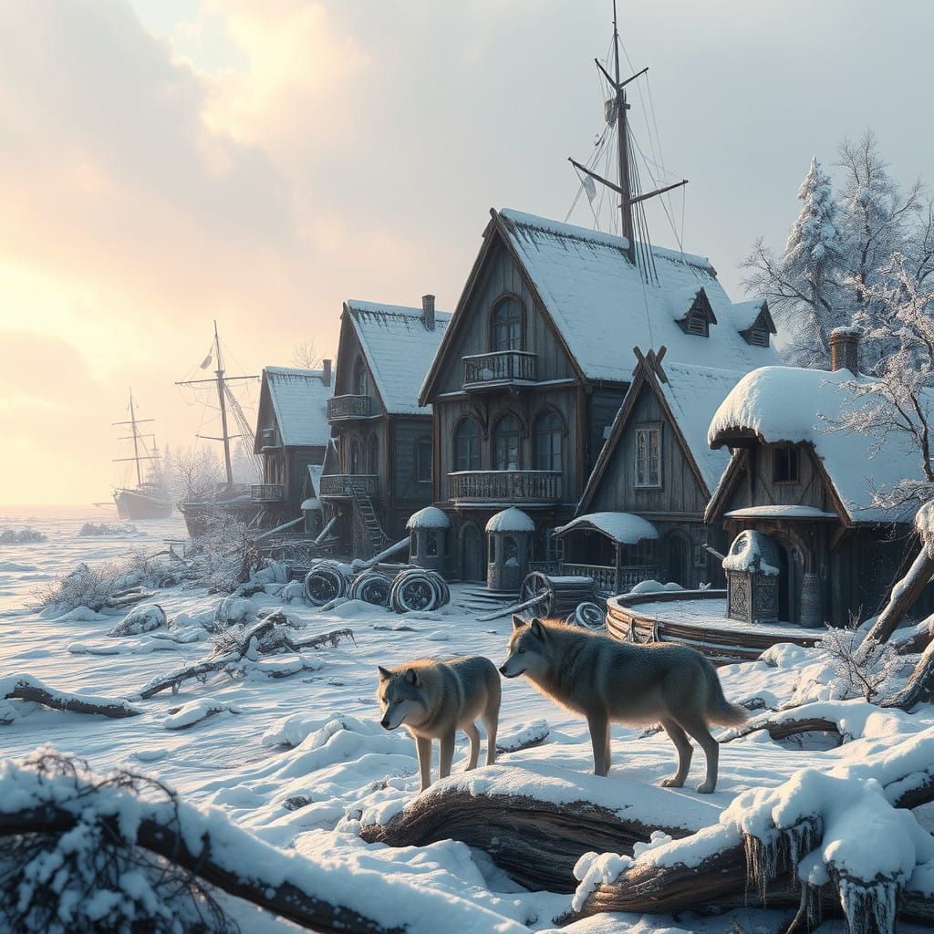 Winter's Requiem: A Snow-Encrusted Ocean Town Transformed