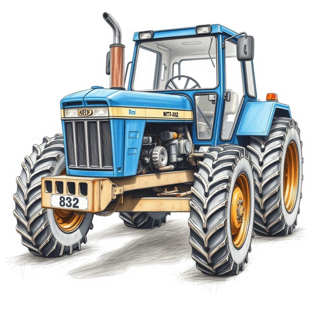 Detailed Charcoal Drawing of MTZ-82 Tractor
