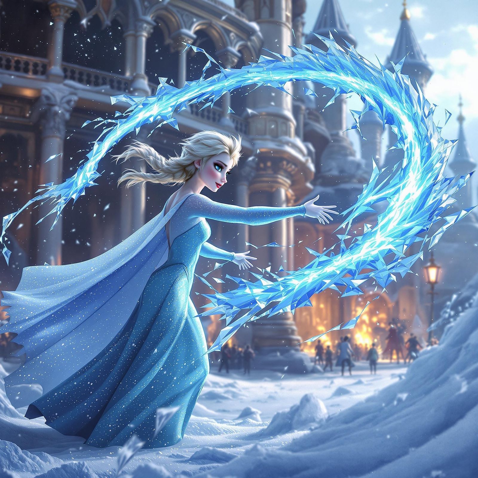 Elsa Casts Frosty Fury in Medieval City