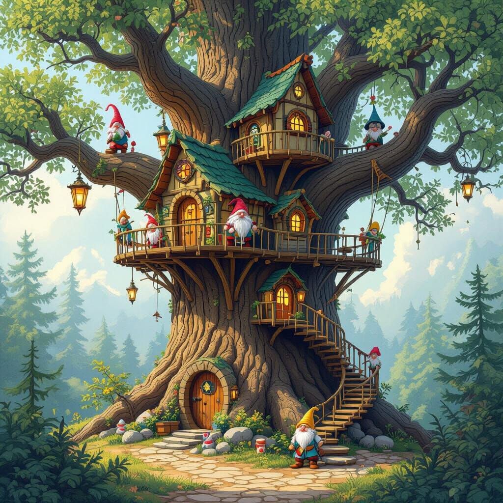 Whimsical Treehouse Village Illustration with Gnomes and Fai...