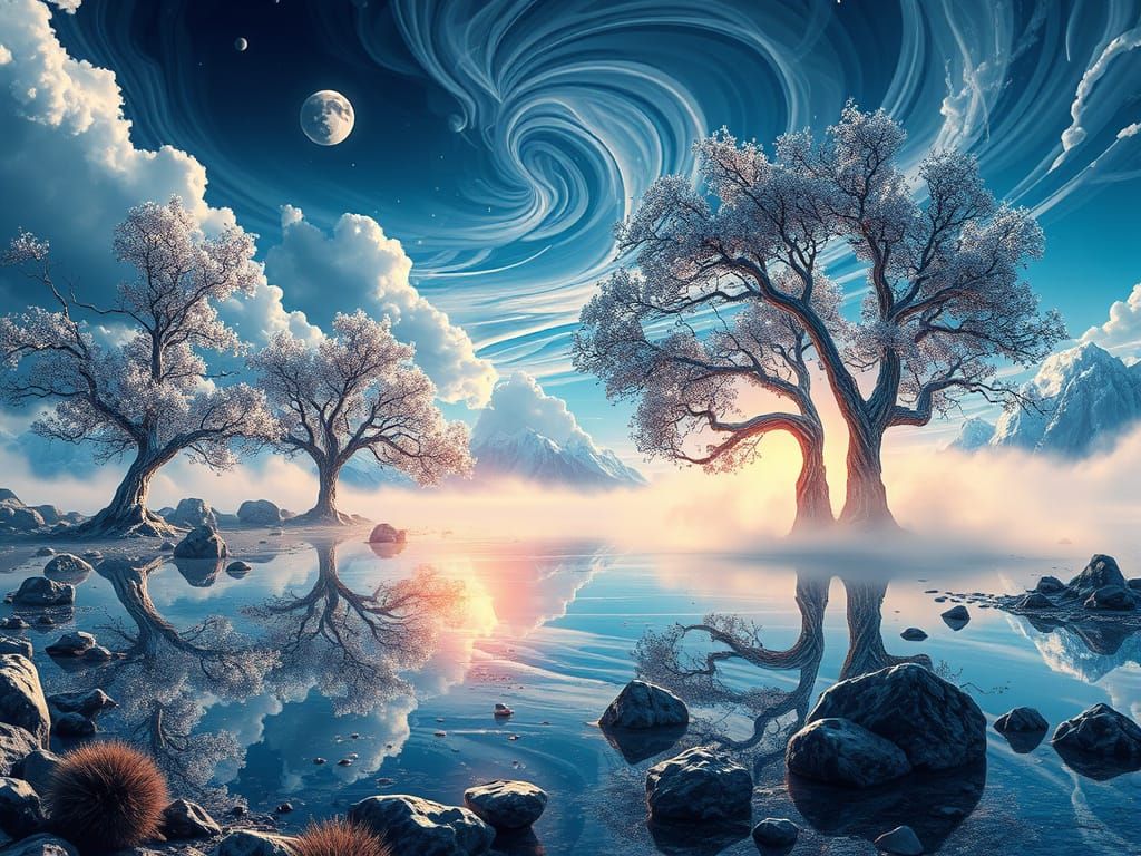 Ethereal Chrome Planet Landscape in Moonlit Setting