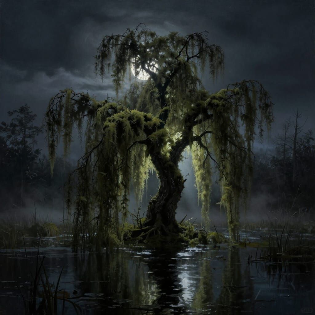 Moonlit Willow Tree in Eerie Swamp Mist