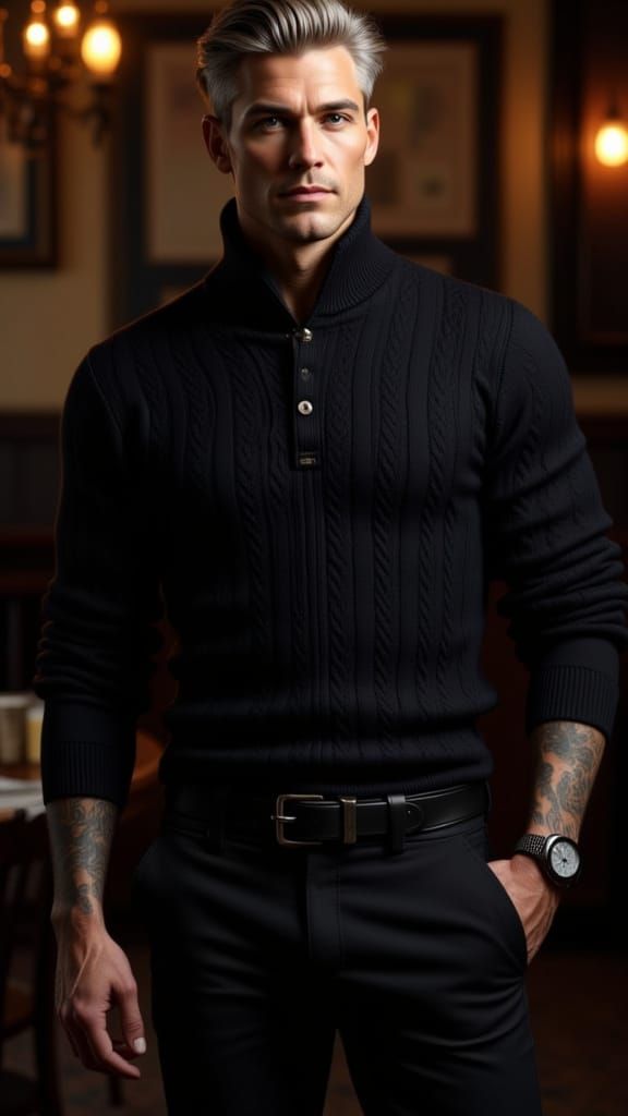 Muscular Man with Tattoos in Cable-Knit Sweater
