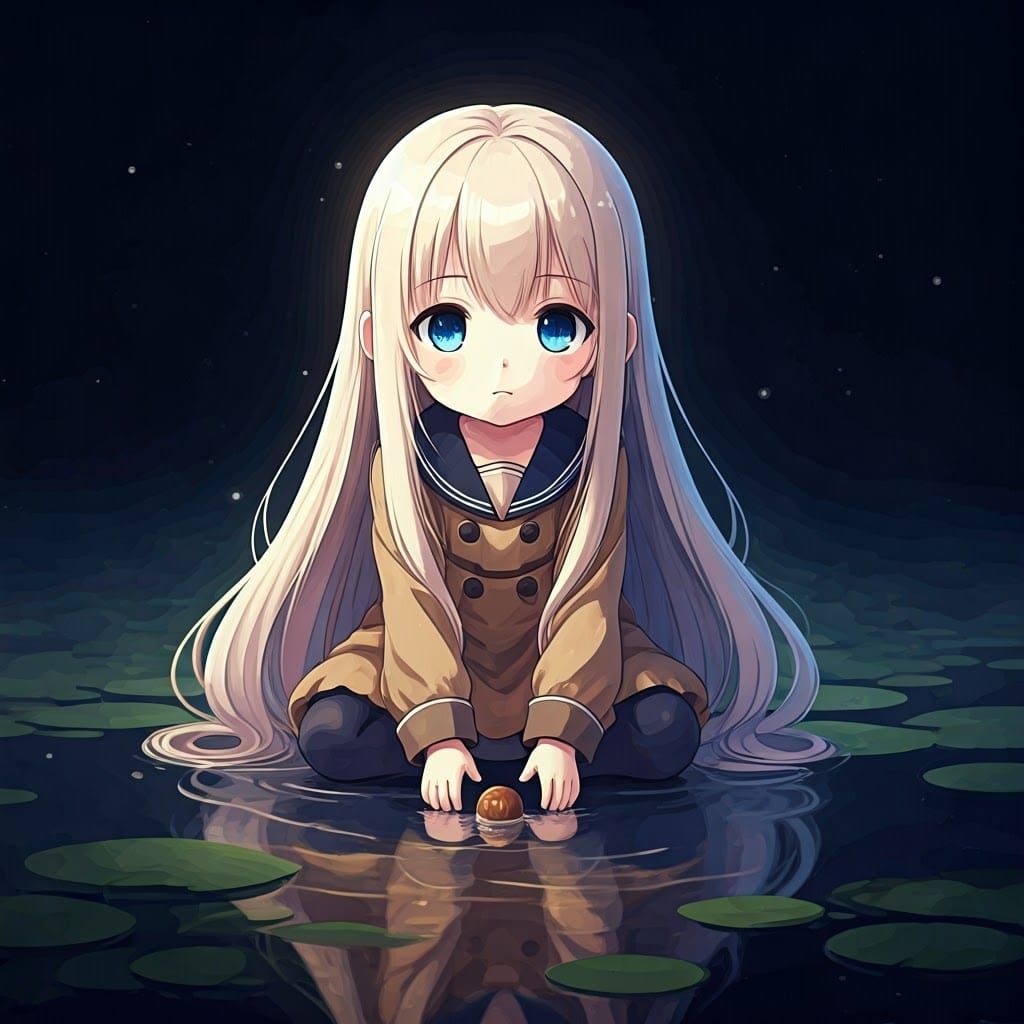 Anime Girl Rows Nut Boat in Puddle