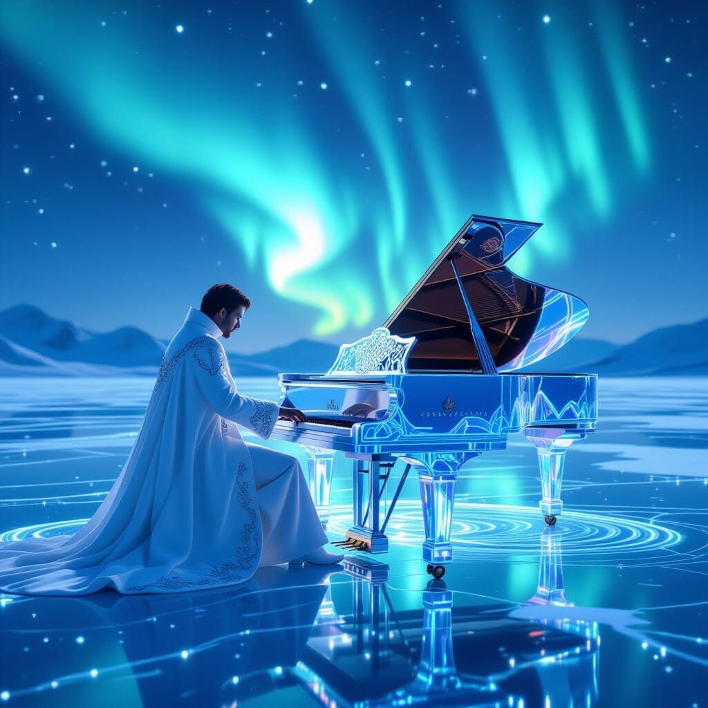 Man Plays Piano on Frozen Lake Under Aurora Borealis