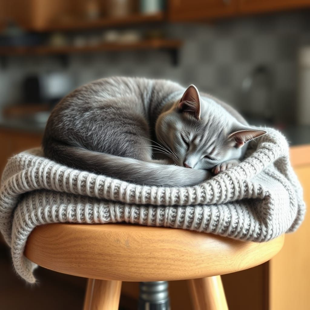 Gray Cat's Cozy Nap on Kitchen Stool