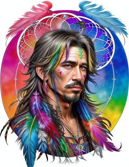 Psychedelic Man with Rainbow Hair in Watercolor Style