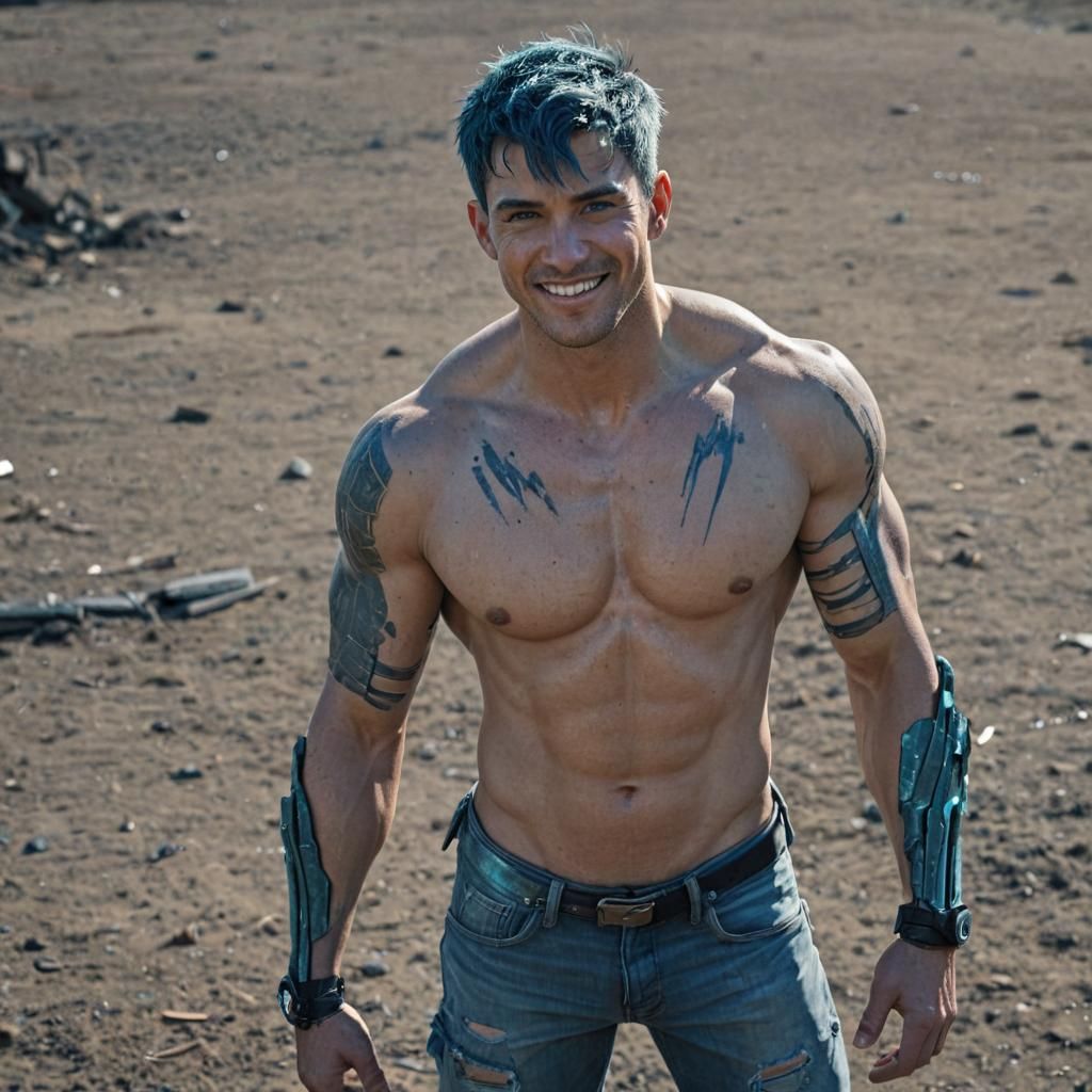 shirtless dripping wet bloodied muscular cyborg boyfriend. Glowing aquamarine eyes staring into the camera. battlefield....