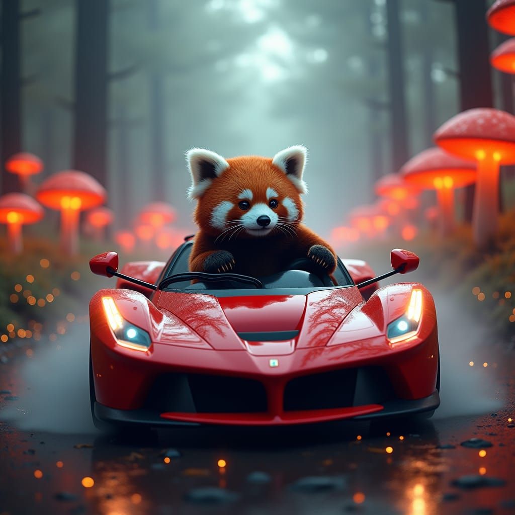 Red Panda Races Ferrari Through Enchanted Forest