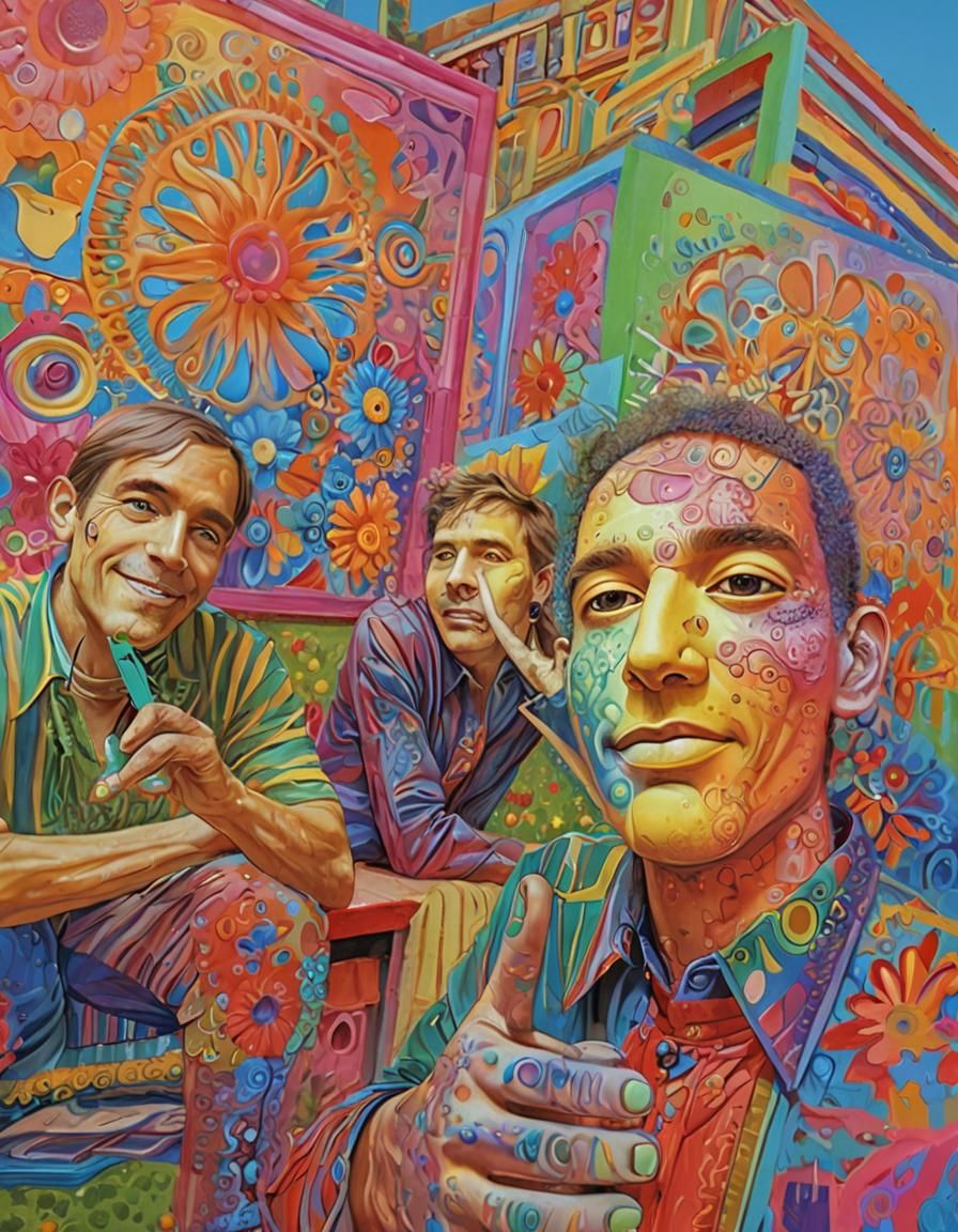 Psychedelic Surrealism: Friends in a Colorful Park