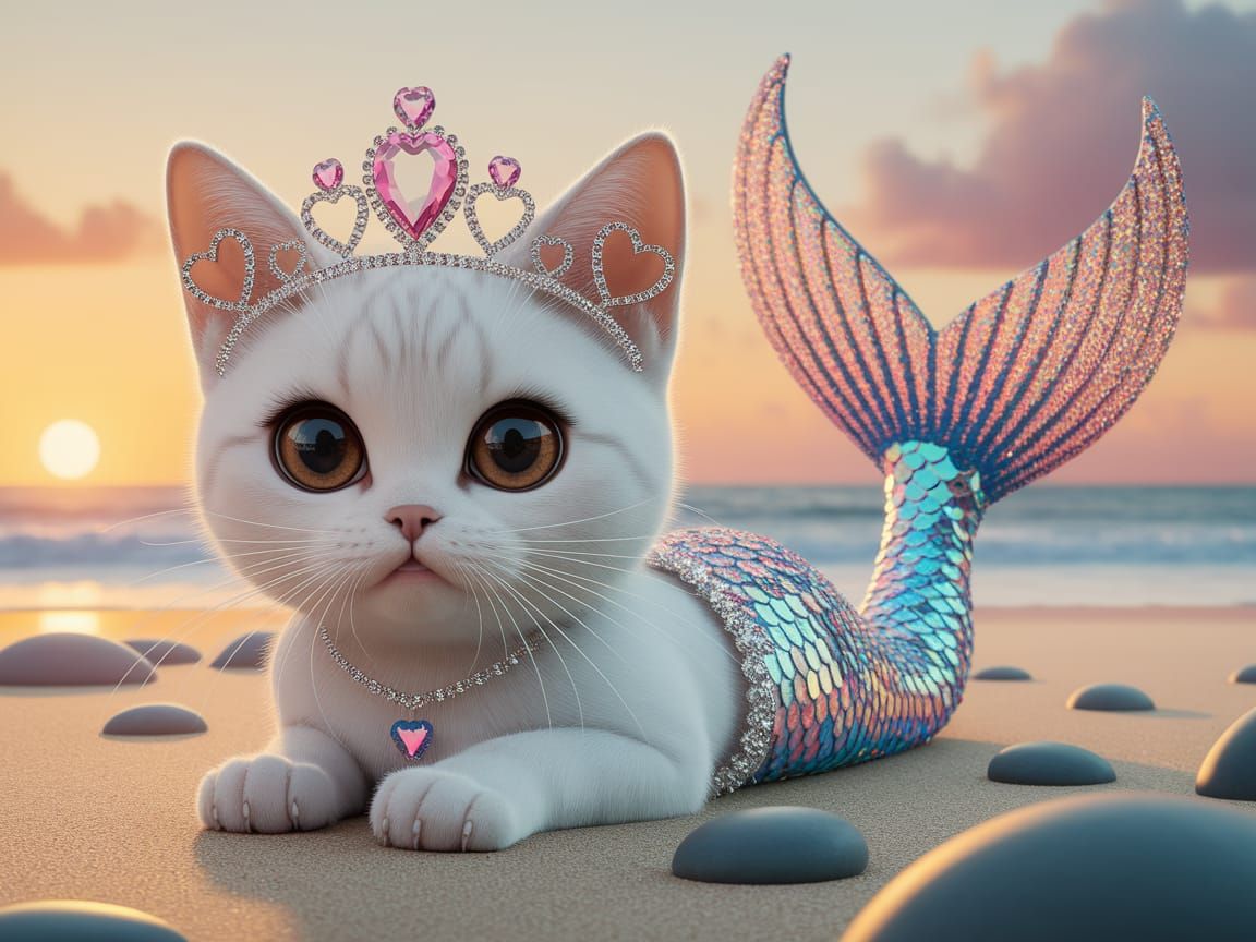 Adorable Kawaii Cat Mermaid on Sandy Beach