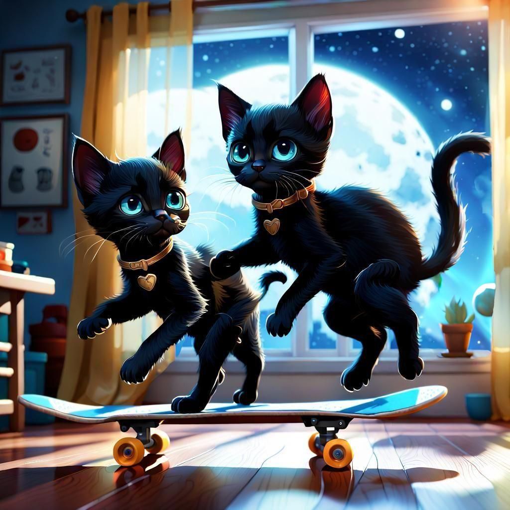 Kittens Skateboarding Under Moonlight, Detailed Fantasy Art