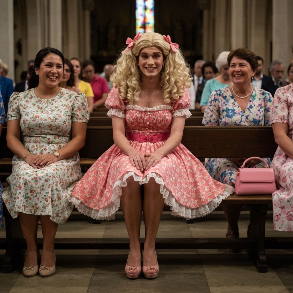 Shy Young Man in 1950s Minidress at Church Service