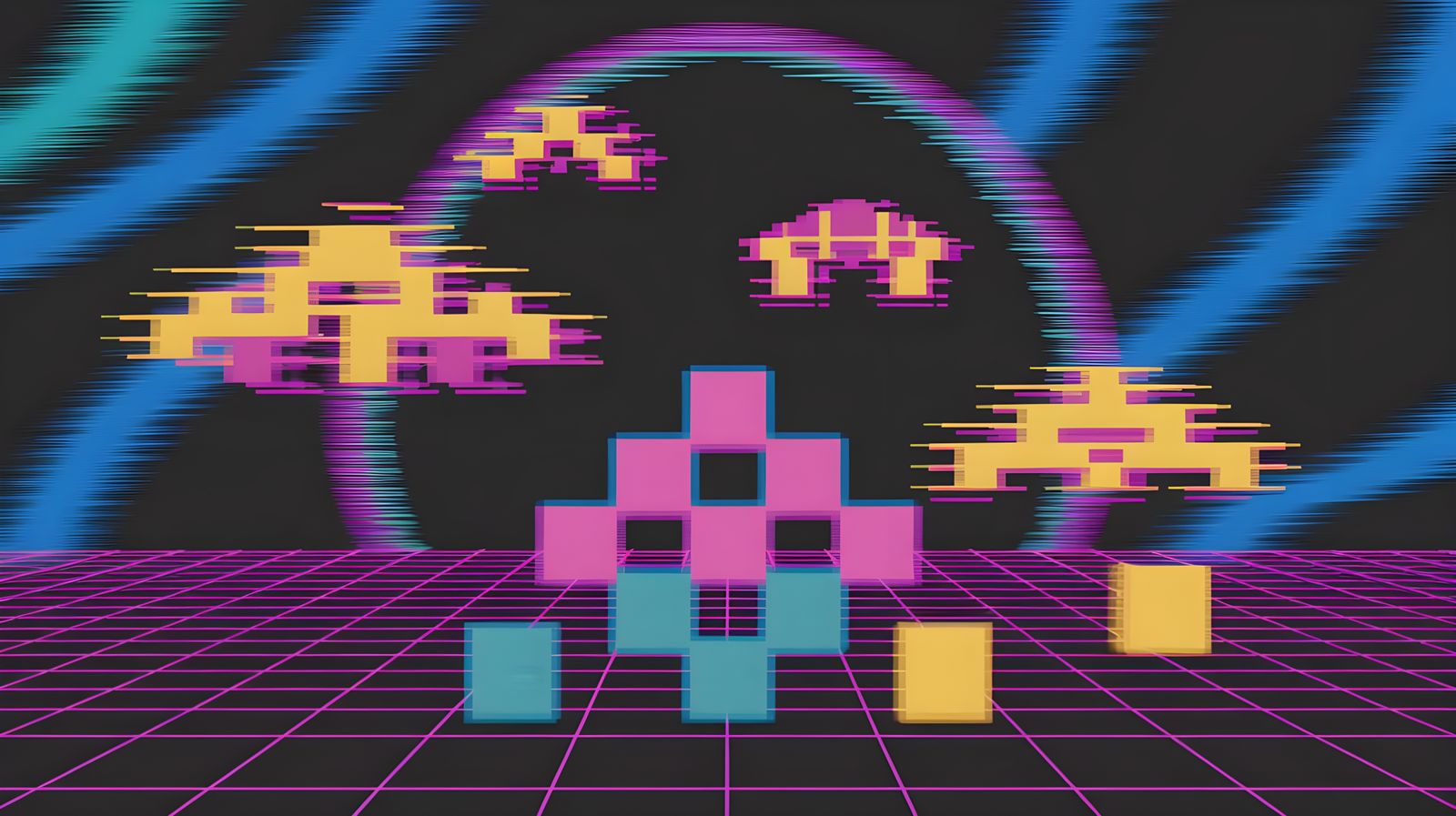8-Bit Space Invaders Glitch Art in Neon Synthwave Style