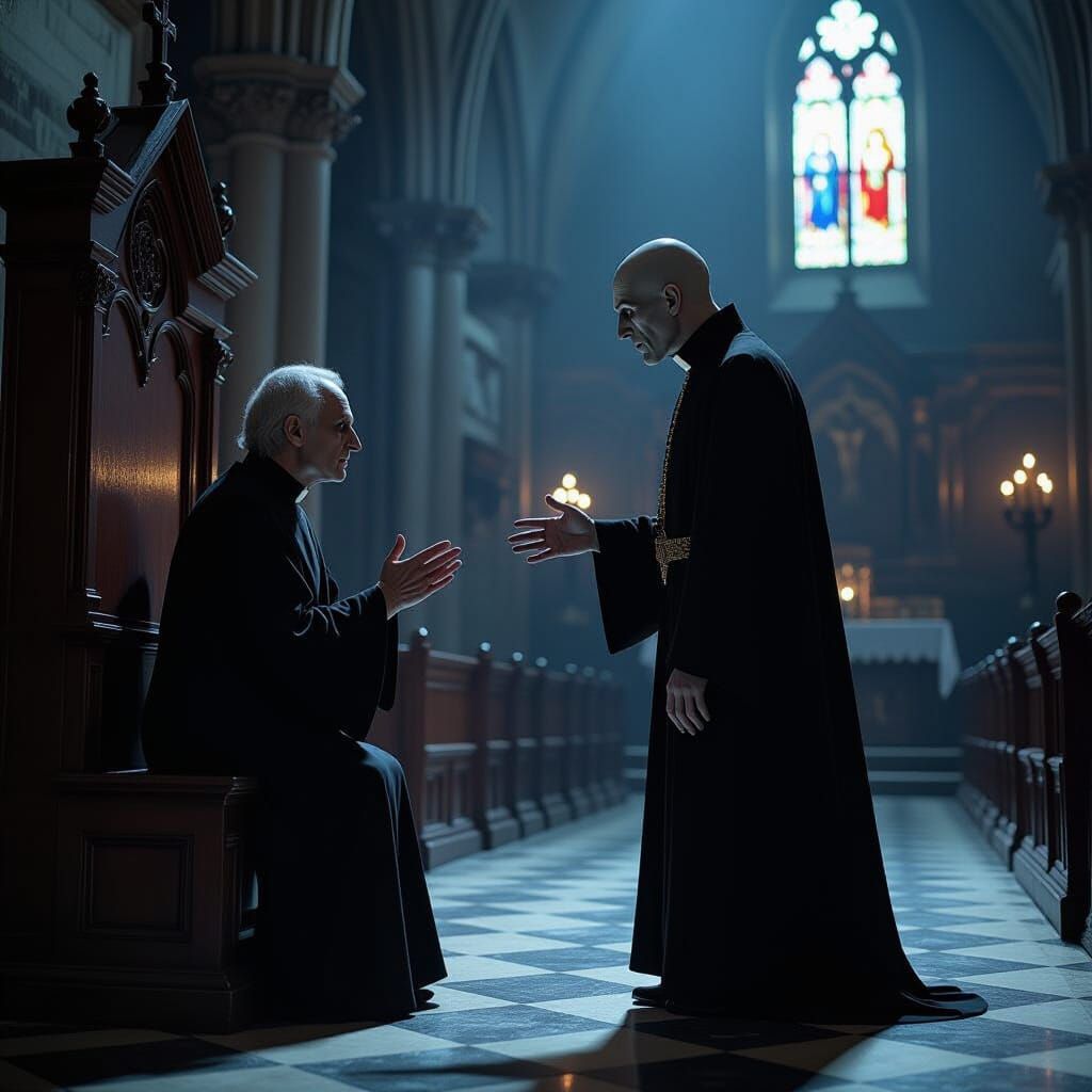 Nosferatu Confronts Priest in Gothic Cathedral