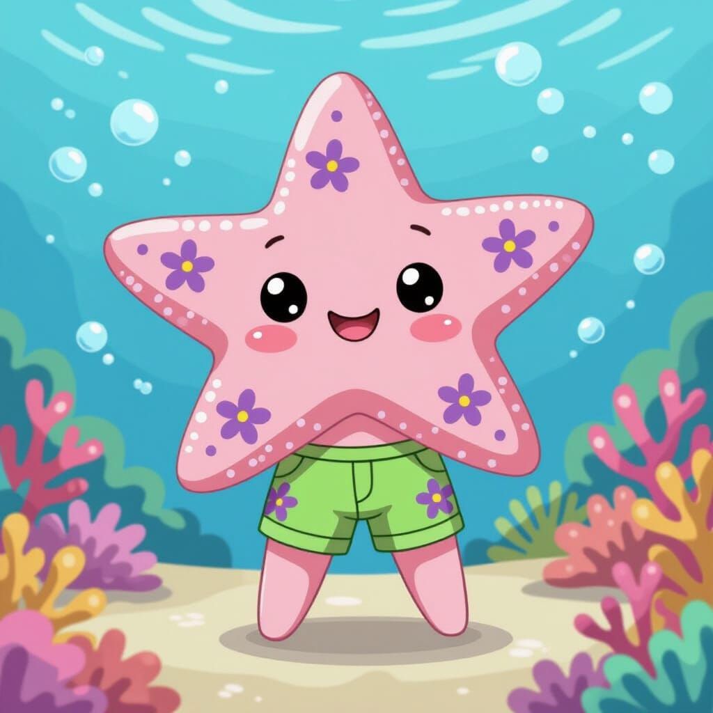 Pink Starfish Character in Underwater World, Miyazaki Style