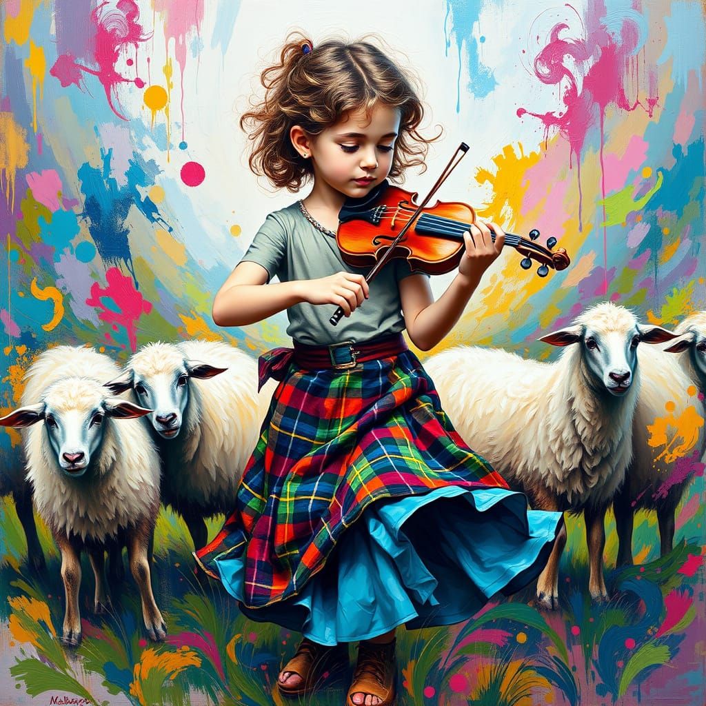 Young Girl in Vibrant Kilt Plays Violin Amidst Whirlwind of ...