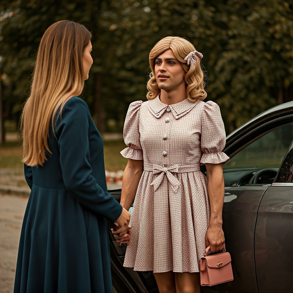 Crossdressing Man in Minidress Greets Woman at Car