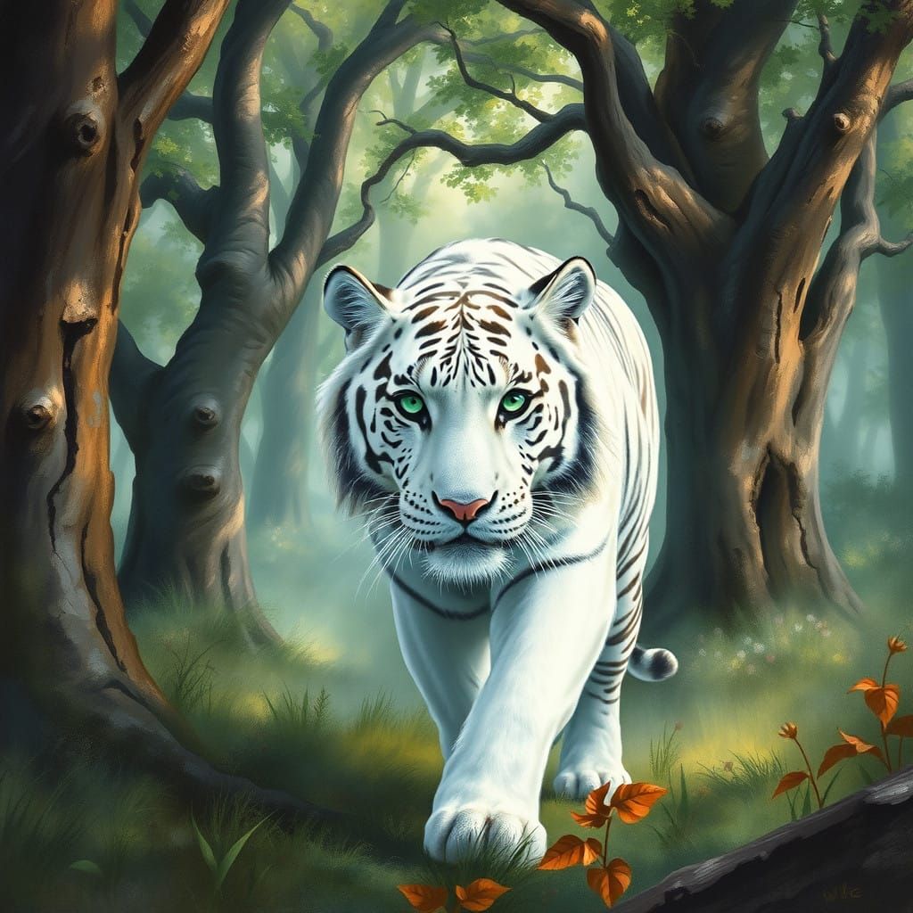 Majestic Snowy Tiger Roams Ancient Woodland