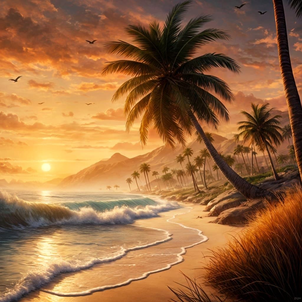 Hyperrealistic Seascape at Sunset with Palm Trees