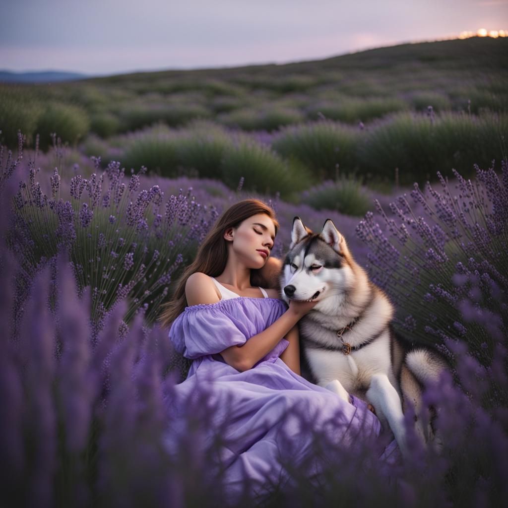Girl Lying in Lavender Field with Husky