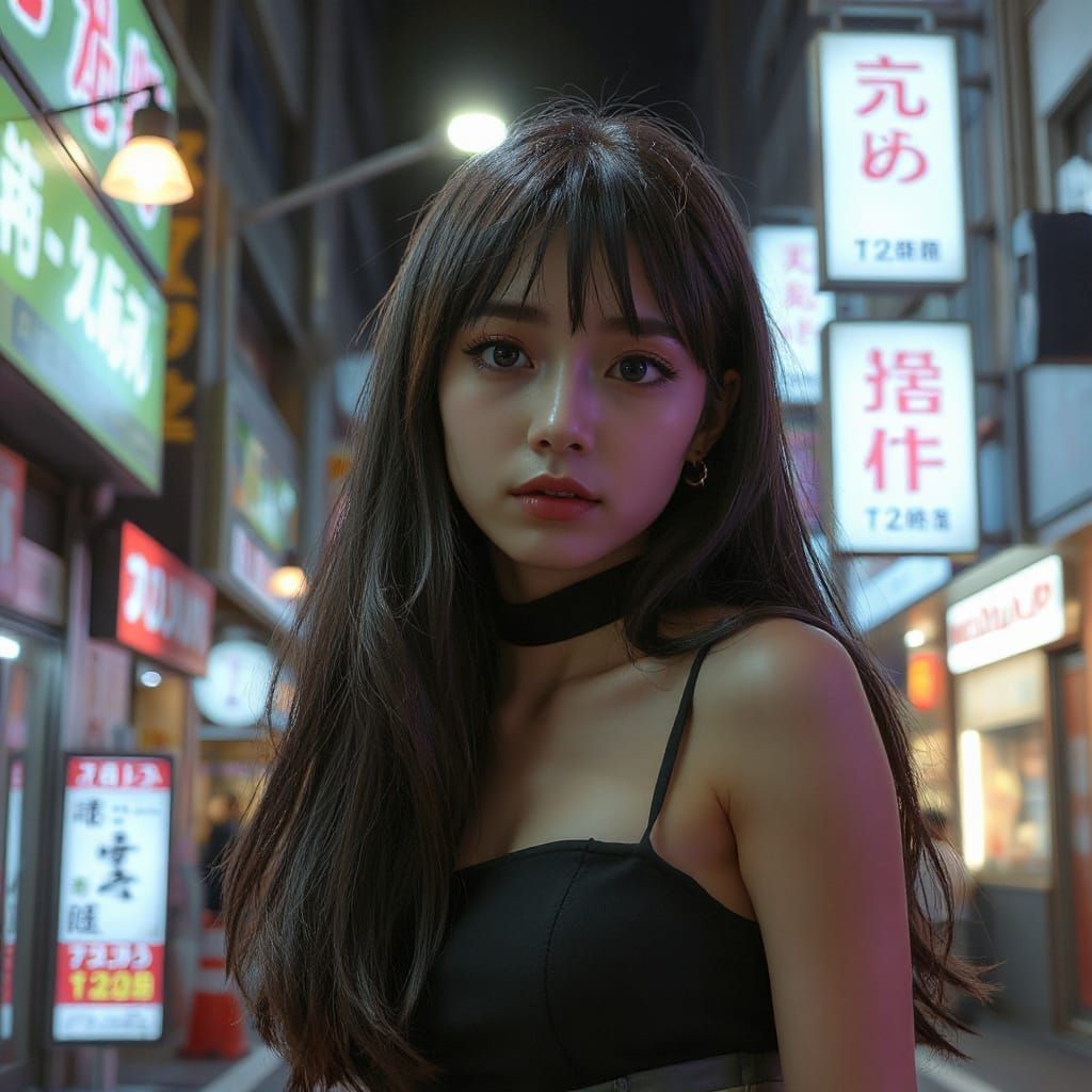 Sad Woman in Neo Tokyo Street at Night