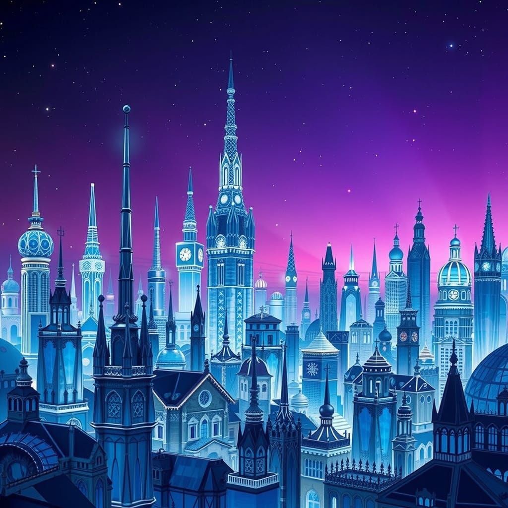 Ethereal Blue Glass Metropolis Under a Starry Purple Sky