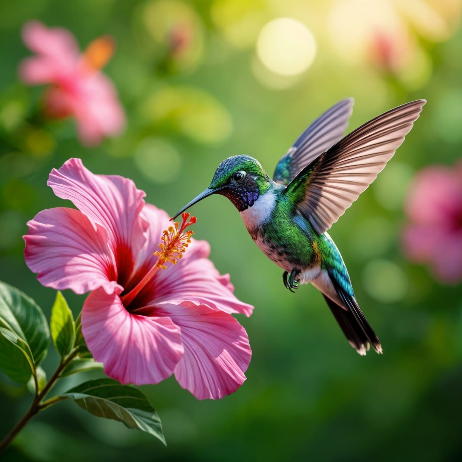 Hyperrealistic Hummingbird Sipping Nectar from Hibiscus Flow...
