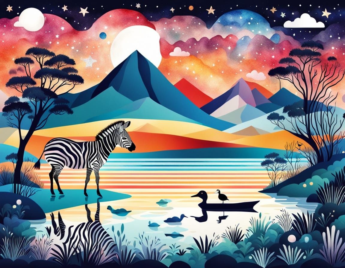 Surreal Zebra Landscape with Starry Sky and Duck