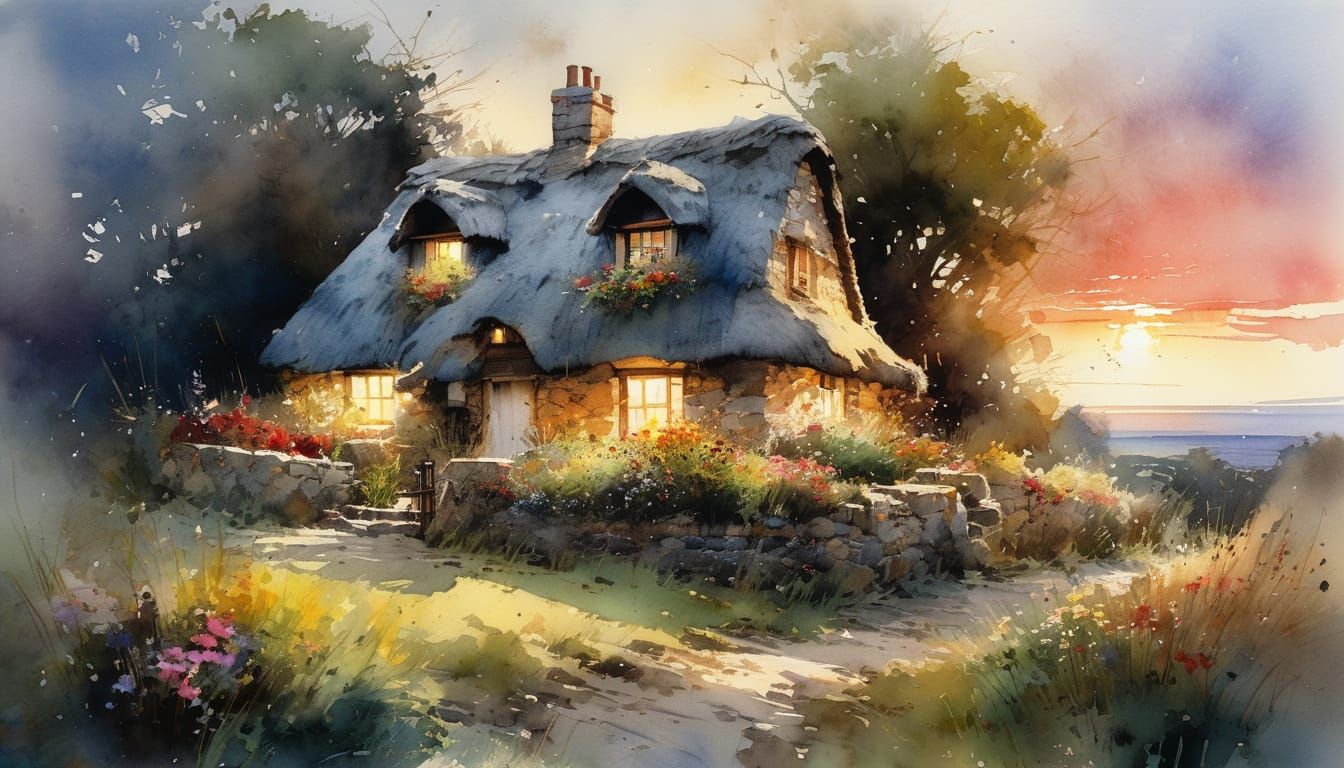 Watercolor English Cottage at Sunset