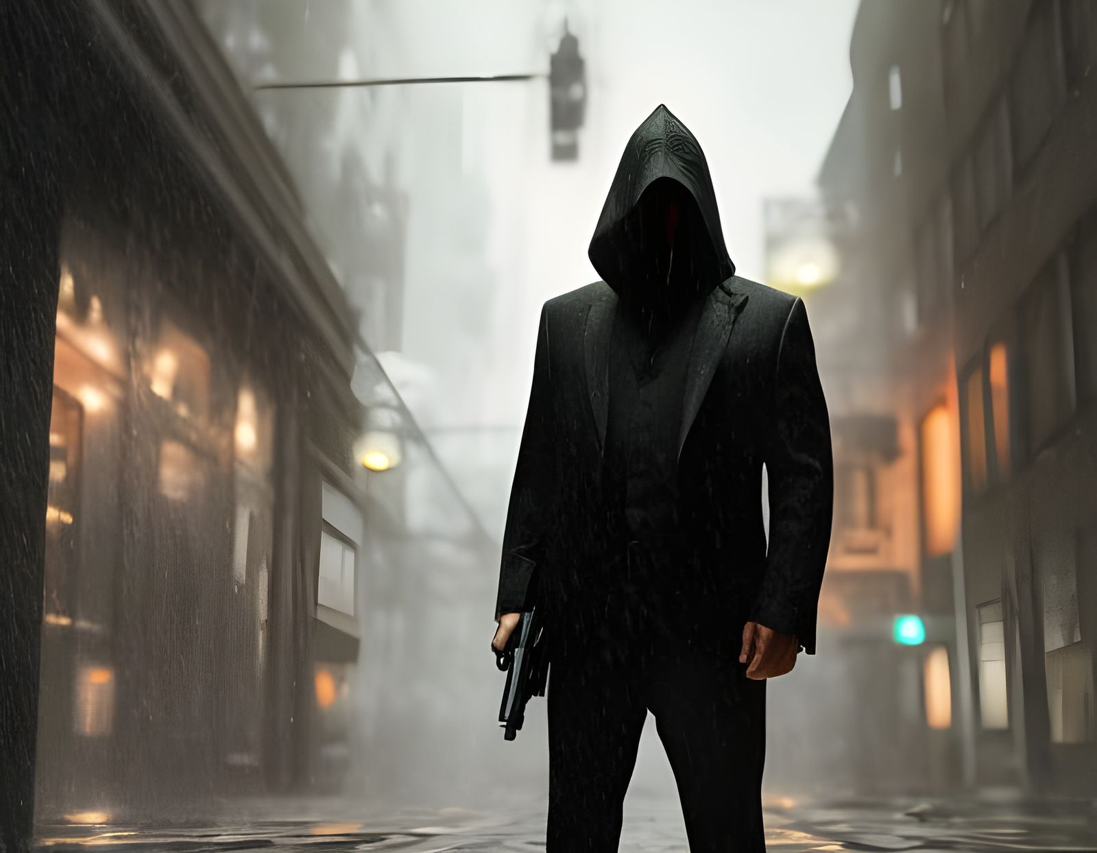 Noir Assassin in Rain-Soaked Alley