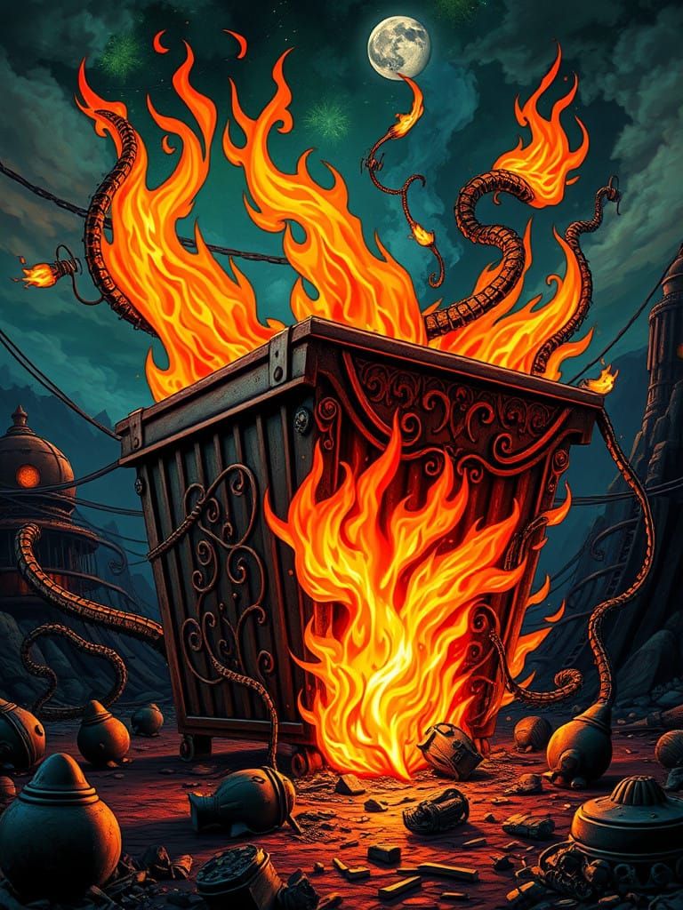 Surreal Dumpster Fire Blazes with Whimsical, Dreamlike Energ...