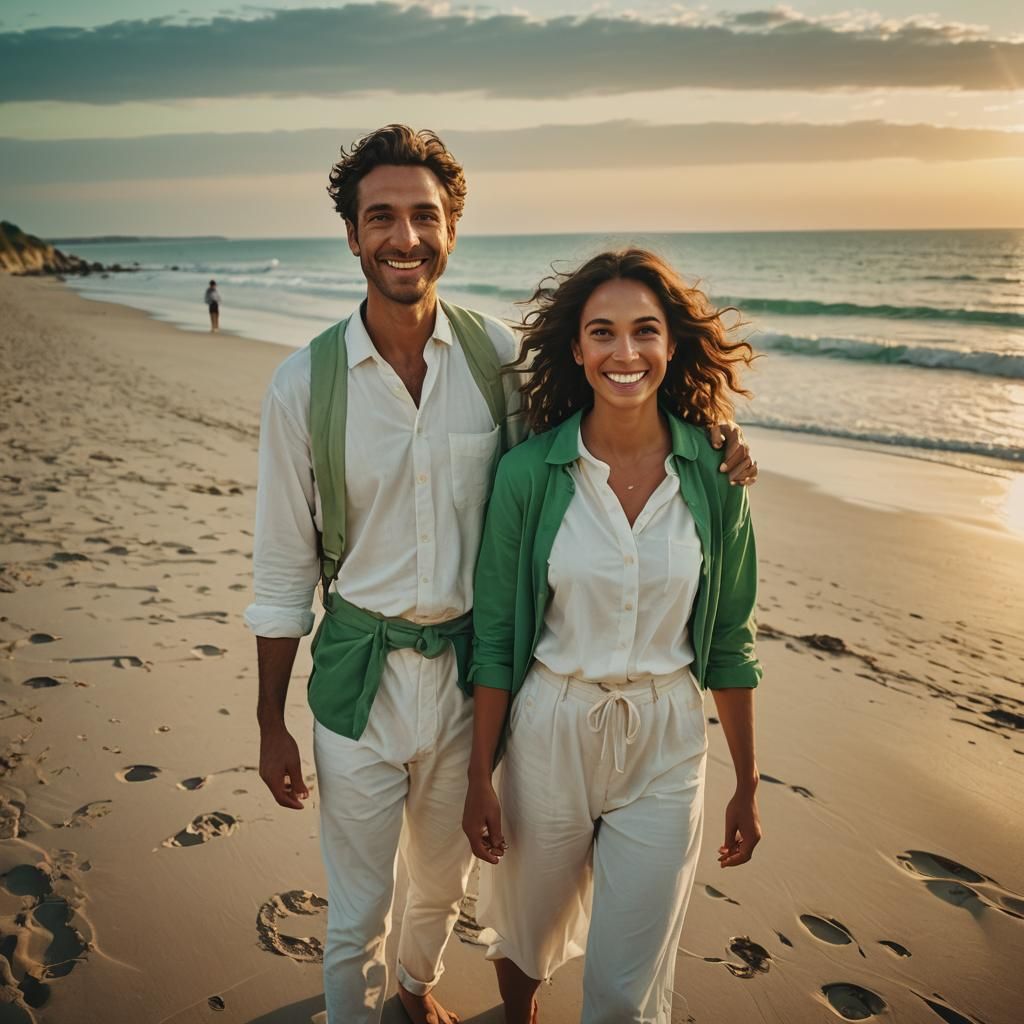 Smiling Couple Enjoying Sunset Beach: Cinematic Still