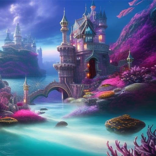 Pastel Mermaid Kingdom Castle, Detailed Matte Painting