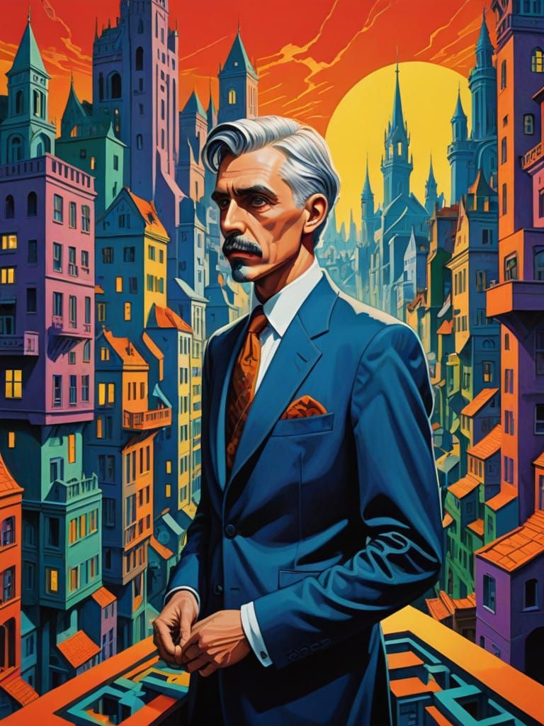 Beaded Futurist Icon in Neon Cityscape