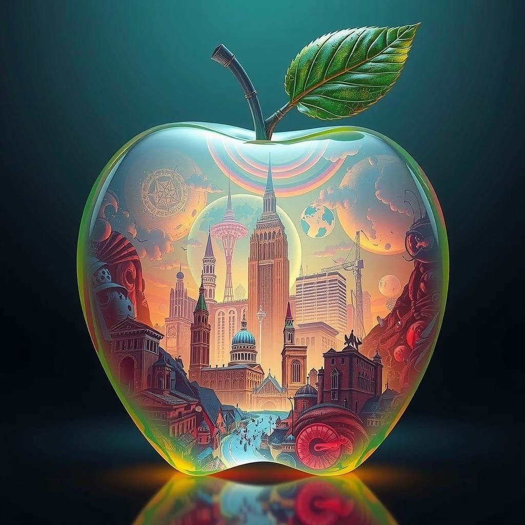 Whimsical Cityscape Inside a Delicate Apple in Dreamlike Sty...