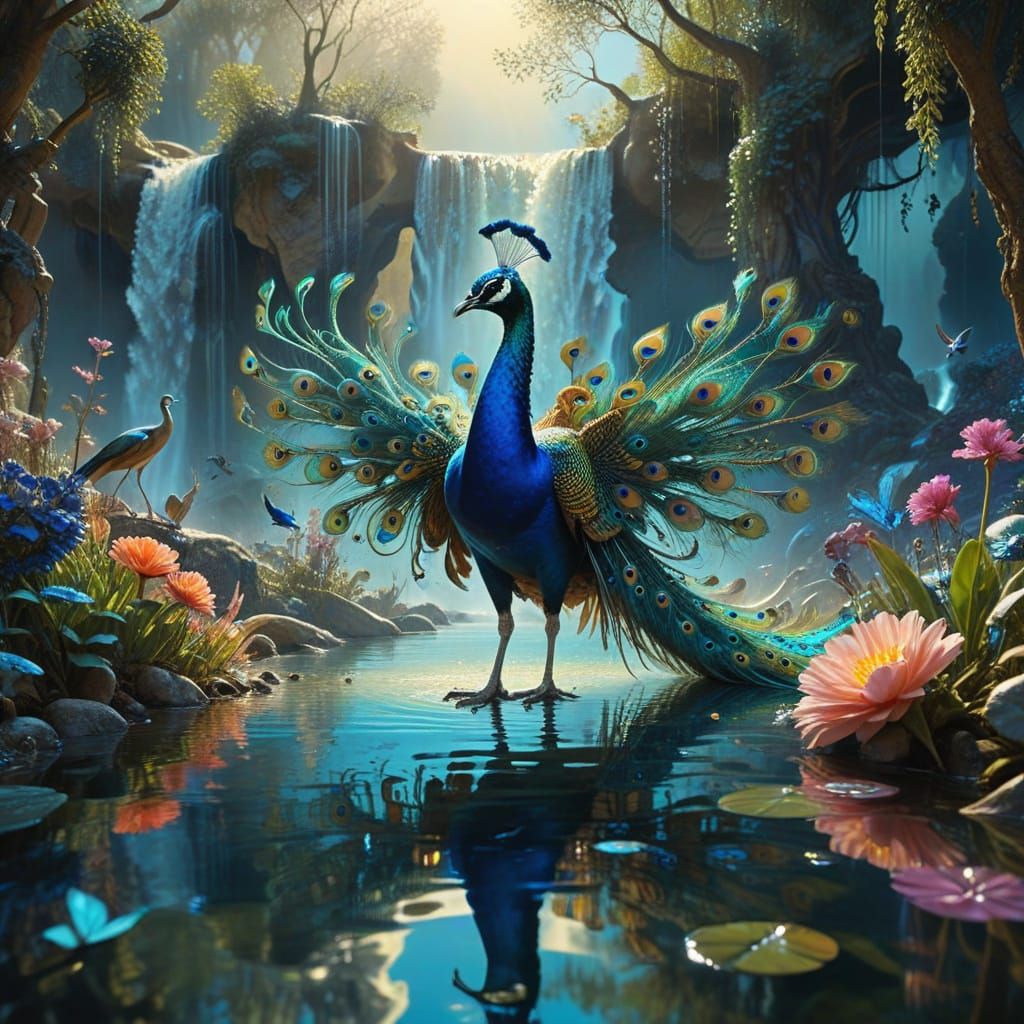 Surrealistic Peacock Strolls on Radiant Water, Surrounded by...