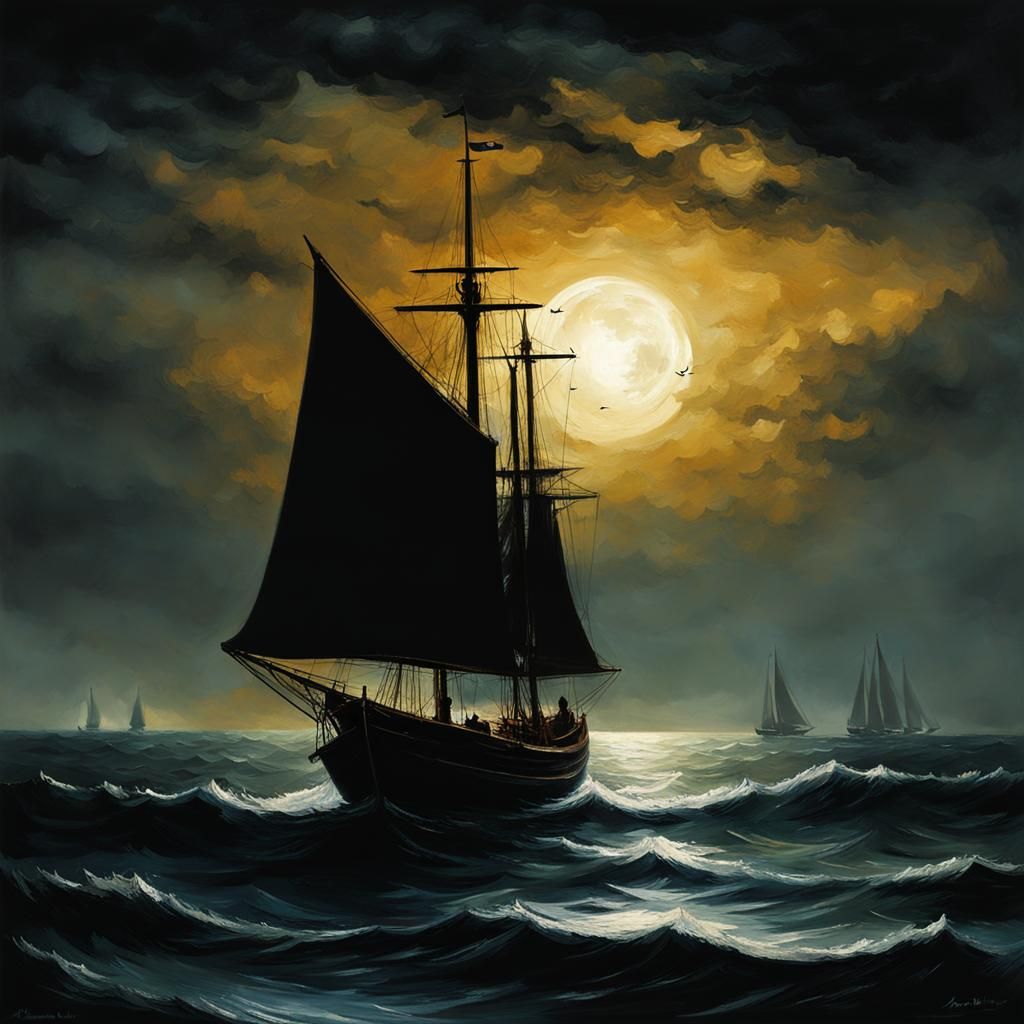 Single Sailboat at Sea in Dark Surrealist Style
