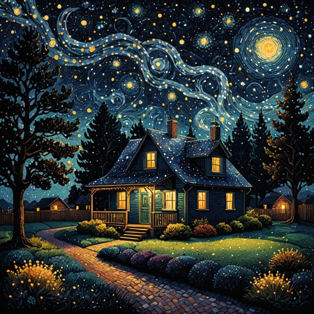 Starry Night House in Pointillism Style