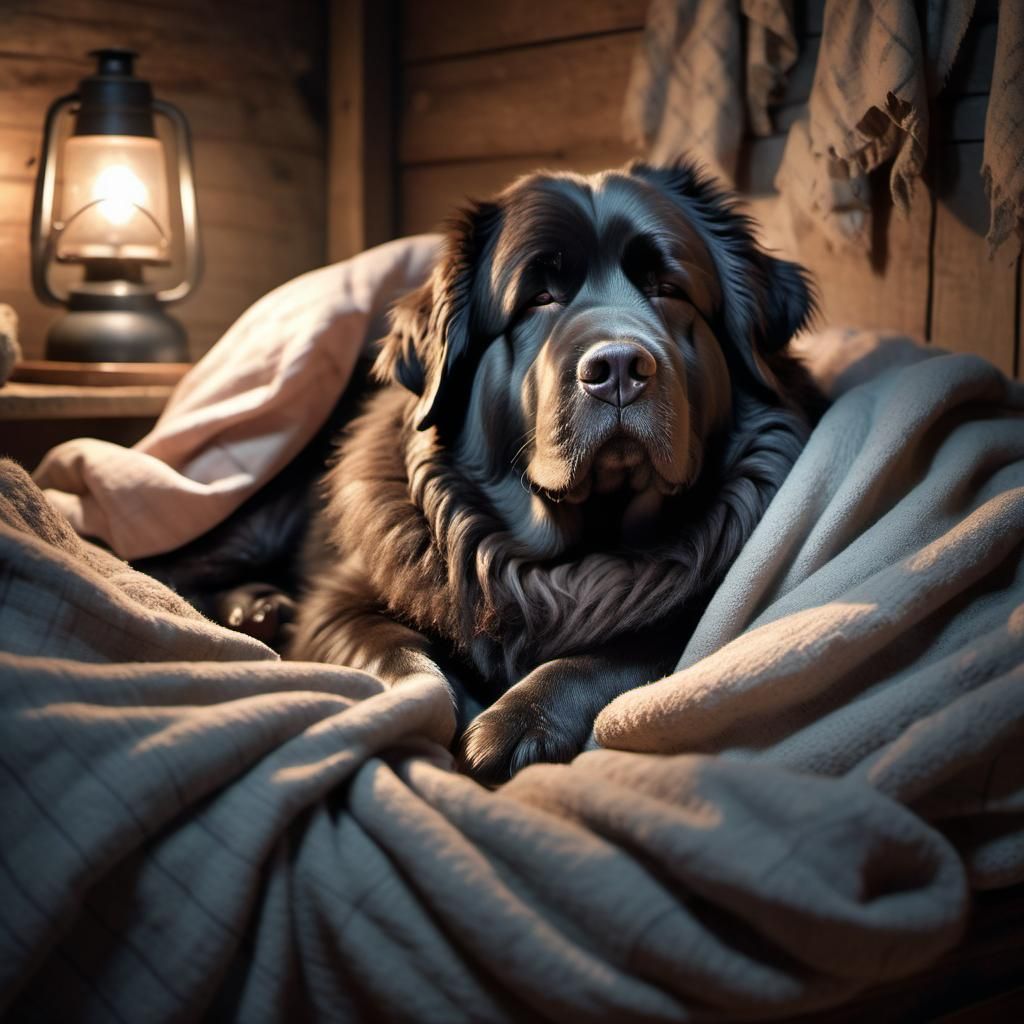 Newfoundland dog in bed